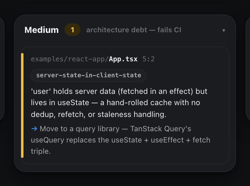 A Medium-severity finding card — server-state-in-client-state, with file, line, rule and the named fix