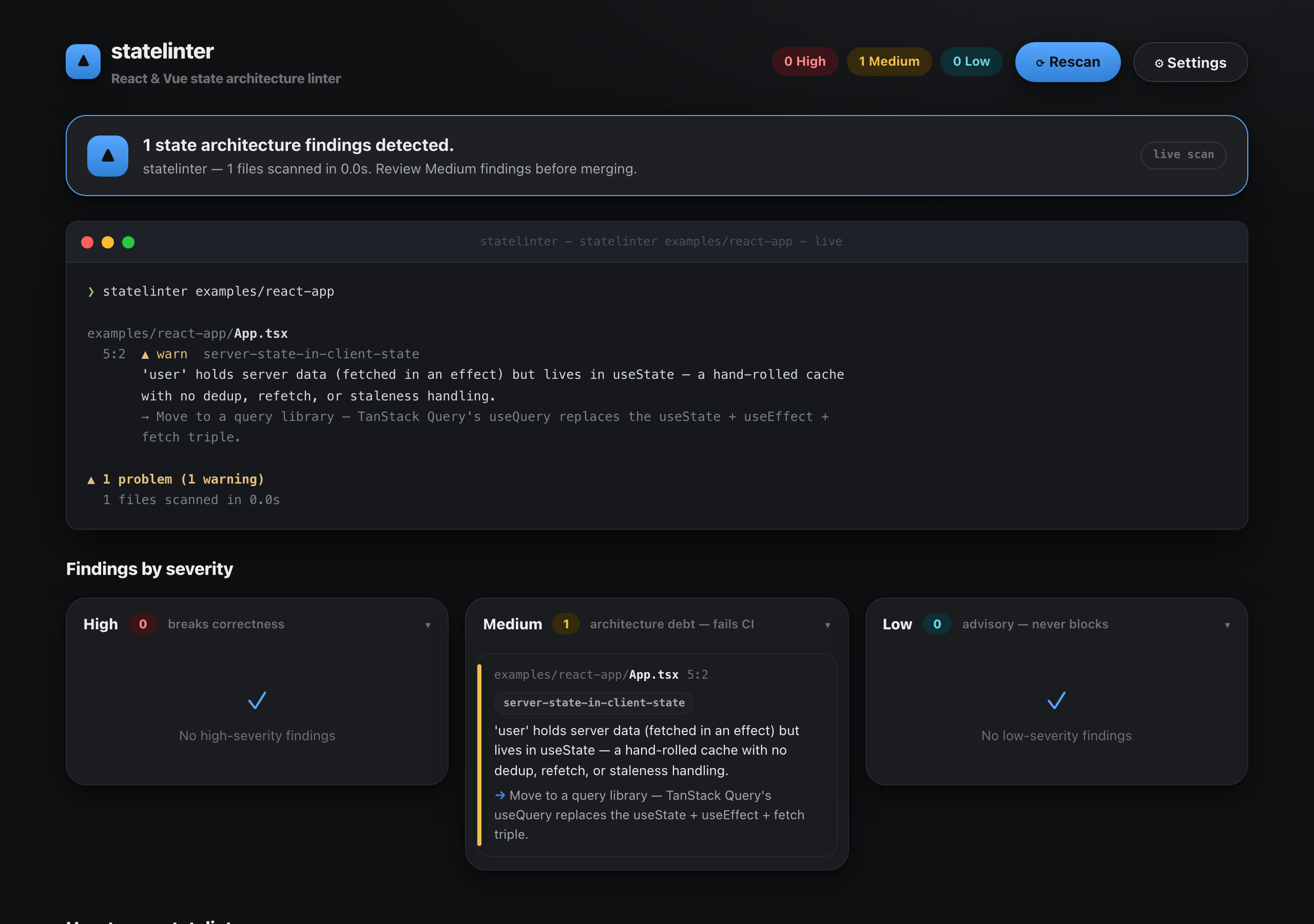 statelinter console in dark theme scanning a React example app — a server-state-in-client-state finding in the terminal and Medium column