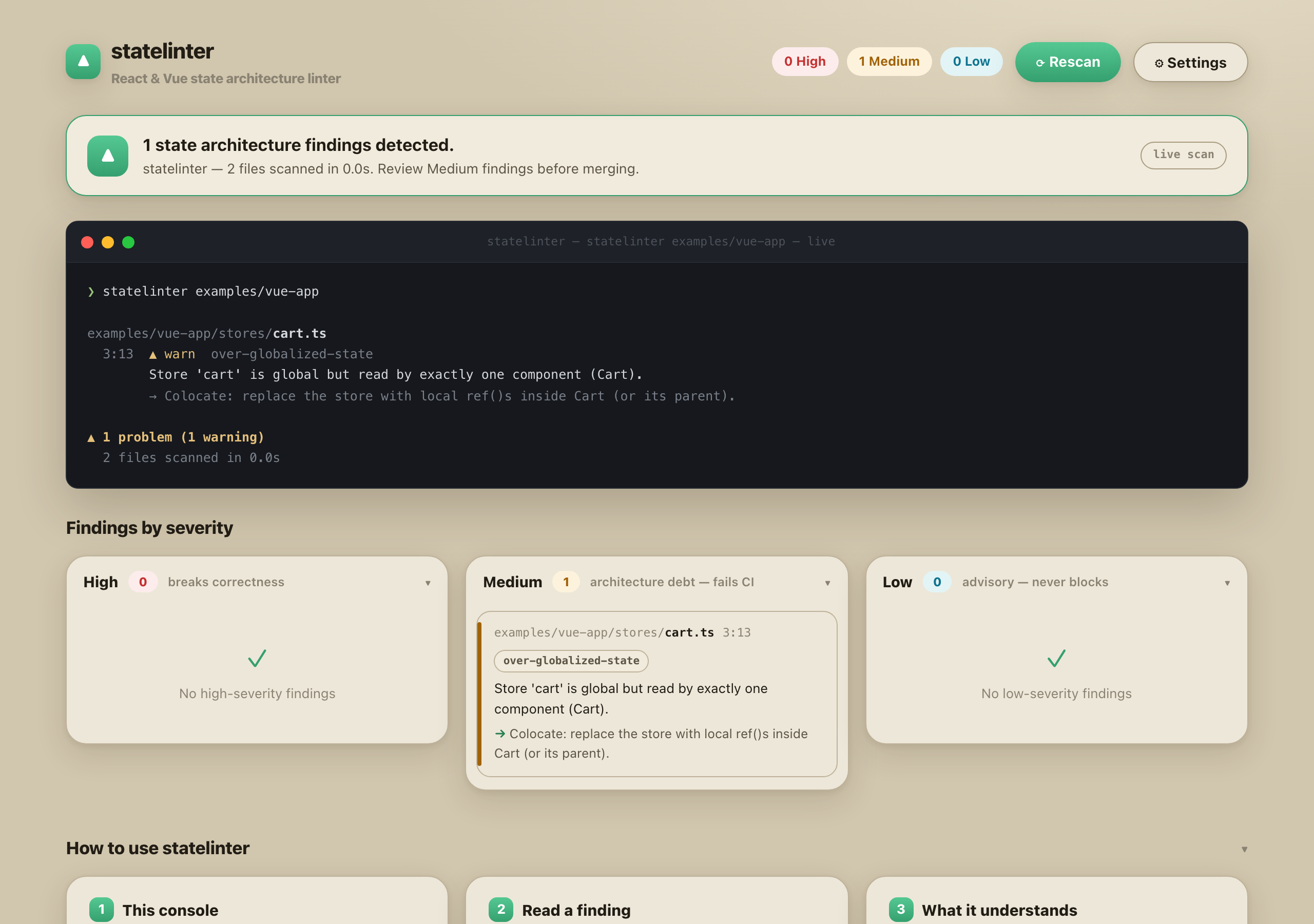 statelinter console in light parchment theme scanning a Vue example app — an over-globalized-state finding on a Pinia store